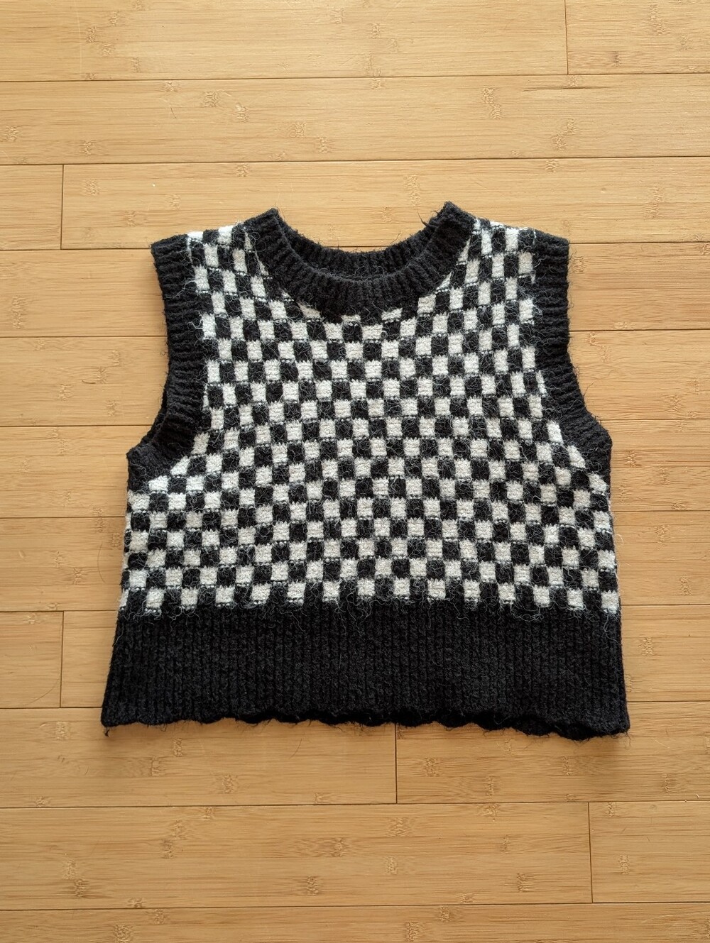 Black & White Checker Knit Crewneck Sweater Vest